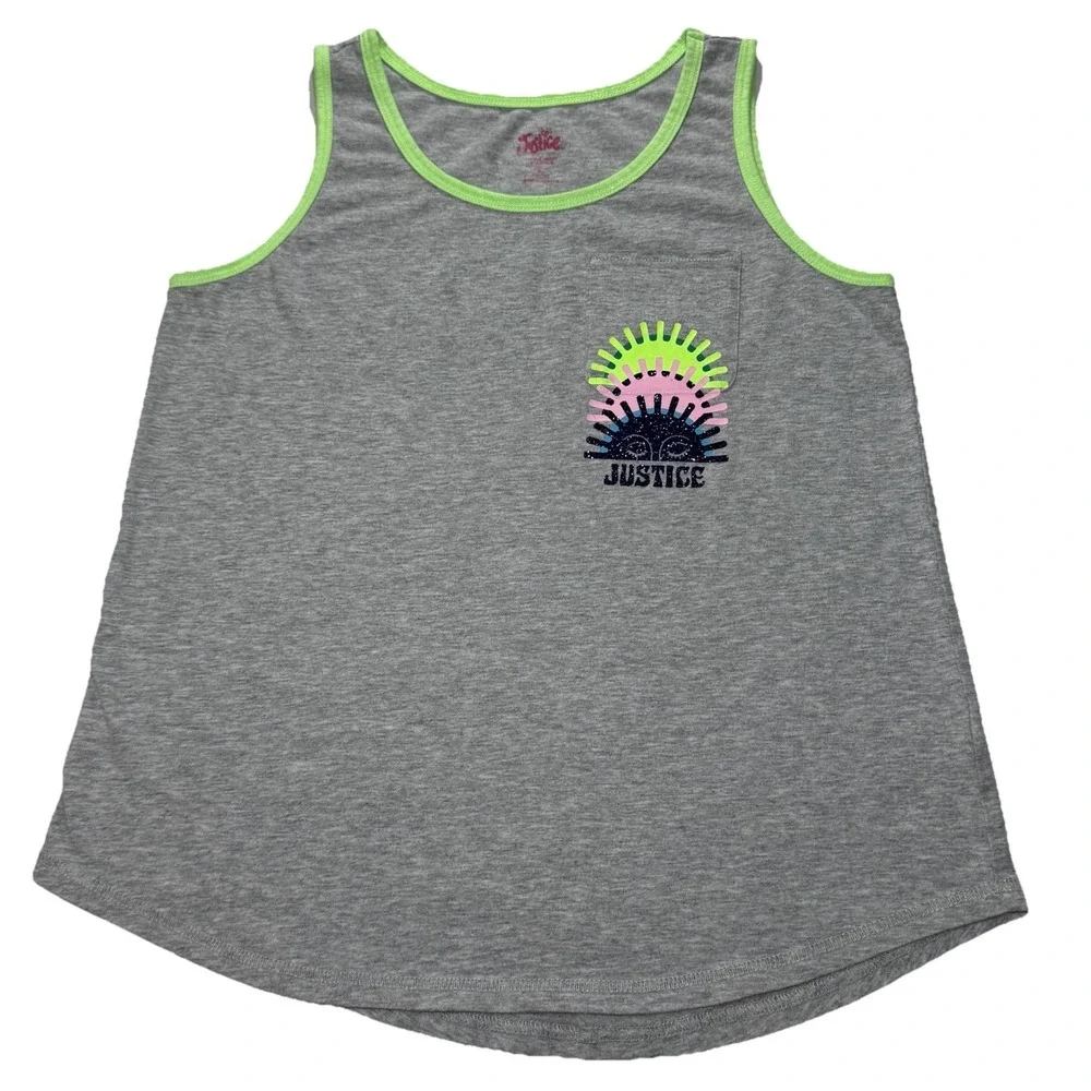 Justice Girls Grey Tank Top Neon Green Trim Graphic Pocket Size L 12/14